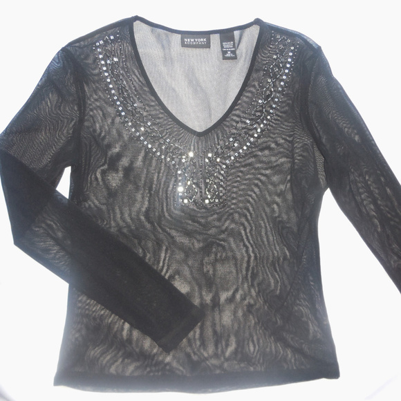 Blouse MEDIUM V-neck Slim Fit Top Medium Sheer Black Beaded long sleeve - Picture 2 of 5